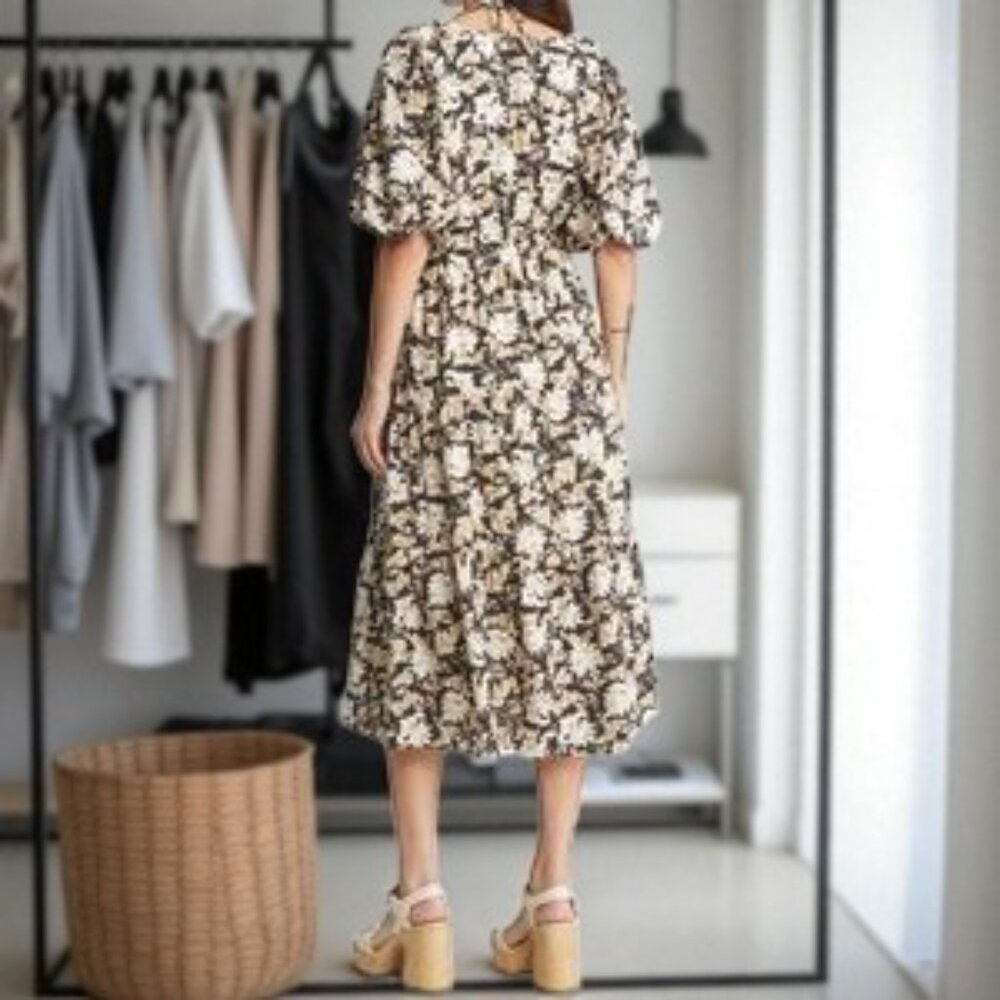 NWT Moon River Black Floral Print Puff Sleeve with Halter Midi Dress - Picture 4 of 11